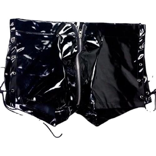 Sexy PVC Underwear Gay Men Boxer Shorts Faux Leather Wet Look Underpants Zipper Open Crotch Pouch Side Bandage Gay Cueca