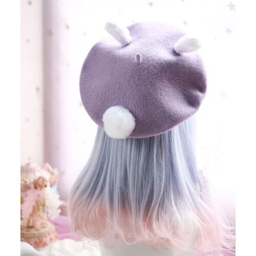 Japanese Kawaii Ears Beret Women Wool Hat Lolita Vintage Teen Girls Pink Cute Painter Beanie Hats Fashion Winter Christmas Cap