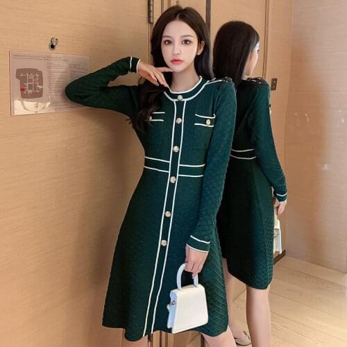 Bright silk knitted dress long-sleeved small man 2020 autumn and winter new lady temperament retro style womens dress