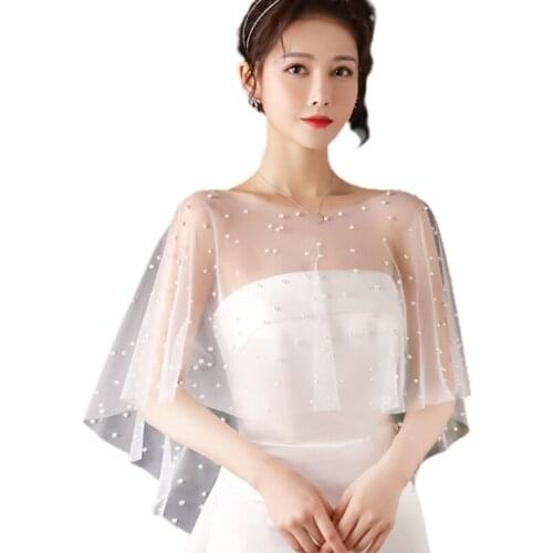 Womens Faux Pearls Beading Shawl Wrap Shrug Bridal Soft Sheer Sunscreen Capes Wedding Dress Flapper Bolero Cover Up