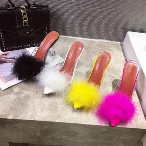 Venus chan New PVC shoes Woman Feather Transparent High heels Fur Pumps Slippers Women Peep toe Mules Lady Pumps Slides White