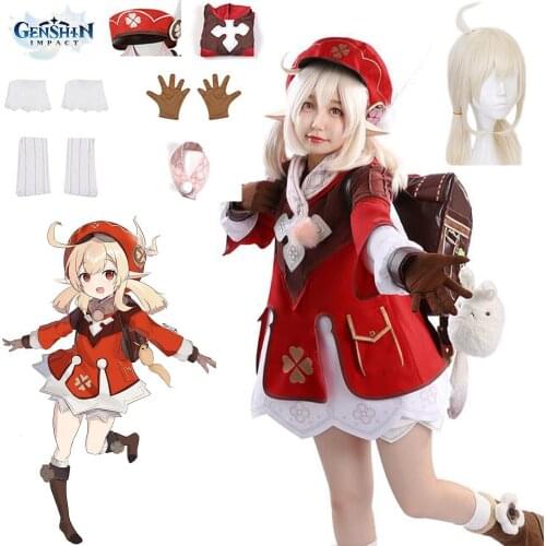 In stock Anime Game Genshin Impact Cosplay Costume Klee Cosplay Costume Halloween For Women Red Cute Girl Dress Full Set