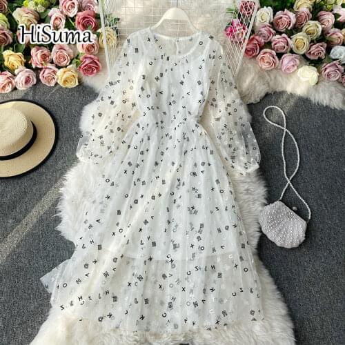 2021 spring new Letter printing gauze dress women O-neck long sleeve waist mesh party dress female chic elegant A-Line dresses