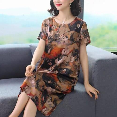 Ice Silk Womens Runway Dress O Neck Short Sleeve Flower Printed High Waist Plus Size Fashion Casual Holiday Beach Dresses Y320