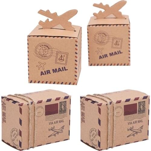 10pcs Air Mail Airplane Travel Theme Candy Box Vintage Kraft Paper Suitcase Candy Box With Rope For Wedding Birthday Decor