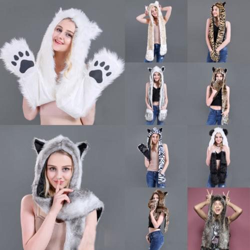 2018 Fuzzy Fluffy Women Winter Spring Cartoon Animal Wolf Cat Ear Hat Beanies with Mittens Gloves Plush Beanie