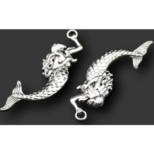 4pcs Silver Plated Nordic Myths Large Mermaid Charms Necklace Pendants DIY Fashion Metal Jewelry Handicraft Making 72*22mm A617