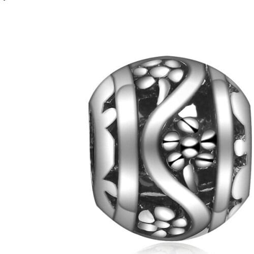 5PCS HTevak Rhodium Plated Hollow Flower Alloy Bead Big Hole Loose Perle Fit Fashion Bracelets Bangles Women Jewelry Accessories