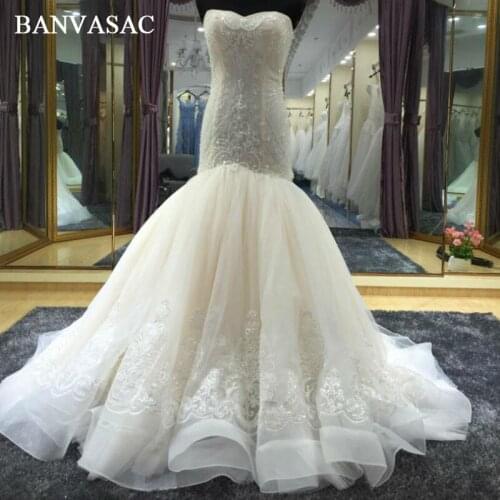 BANVASAC 2017 New Mermaid Luxury Embroidery Strapless Wedding Dresses Sleeveless Crystals Satin Chapel Train Bridal Gowns