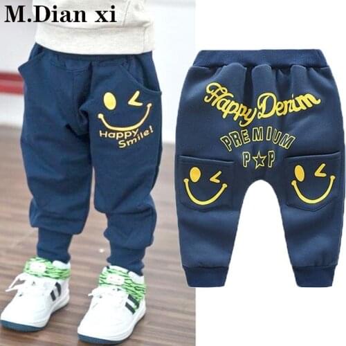Childrens Pants 2018 New Clothing Autumn and Winter Models Childrens Pants Pocket Letter Smiley Boy Harlan Casual Trousers