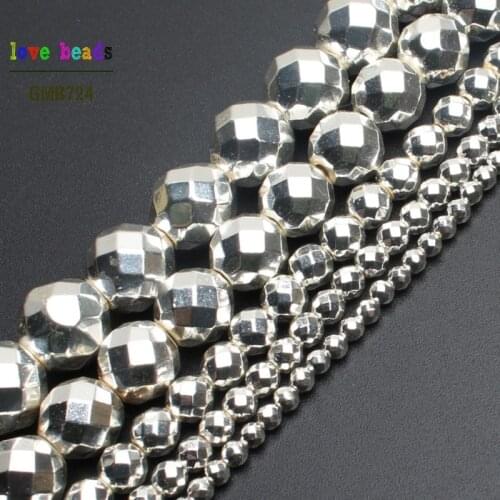 Natural Stone Beads Silver-Plated Faceted Hematite Round Loose Beads for Jewelry Making 15'' 3/4/6/8/10/12mm