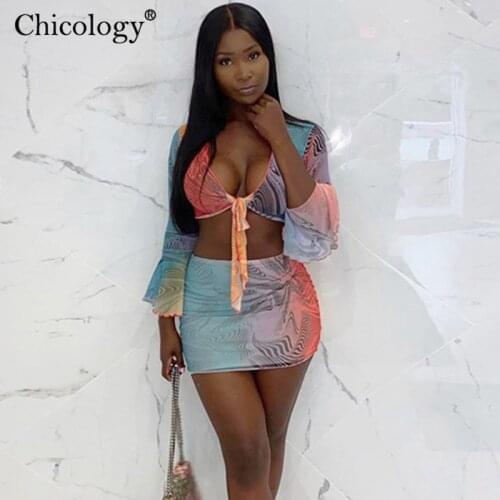 Chicology Flare Sleeve Lace Up Top Skirt 2 Tow Piece Set Sexy Part Club Outfit Women 2020 Winter Fall Clothes Birthday Fashion