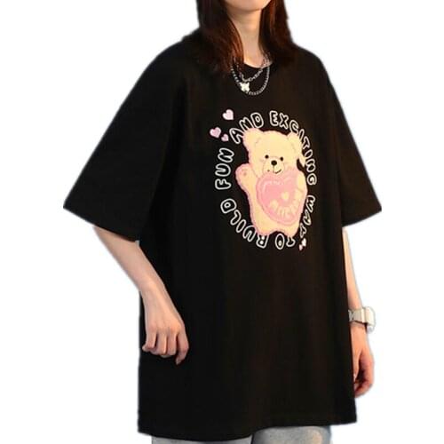 2021 Summer Love Heart Bear Flocking T-shirt Women Oversized Tops Short Sleeve Kawaii Tshirt Young Girls Hip Hop Tees Streetwear