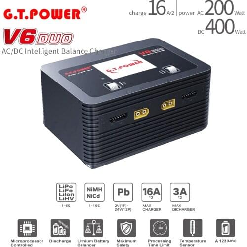 G.T.Power V6 DUO AC 200W DC 400W 2X16A Battery Charger Discharger For 1-6S Lipo NiMH NiCd LiFe LiHV RC Drone Car Boat Model Toys