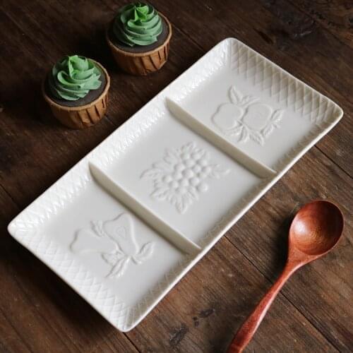 Ceramic Creamy Harvest Fruit and Vegetable Relief Rectangular Partition Tray/Dessert Tray Fruit Tray