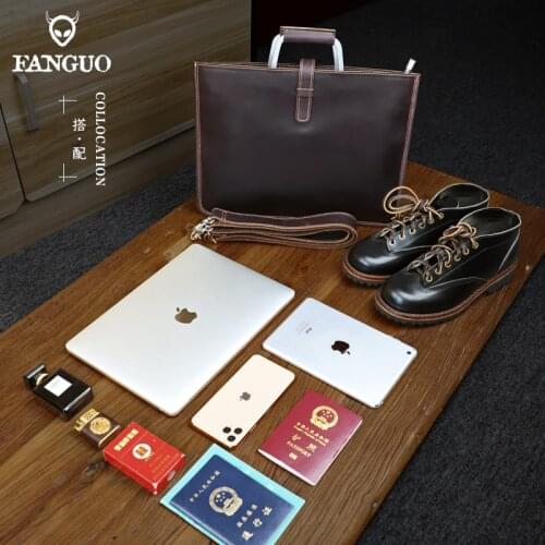 Classic Genuine Leather 13.5'' Computer Briefcase Portable Men Hand Business Bag Retro Shoulder Bags For Male