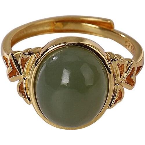 Baifuming s925 sterling silver gold-plated natural Hetian gray jade ring retro personality love Oval ladies ring