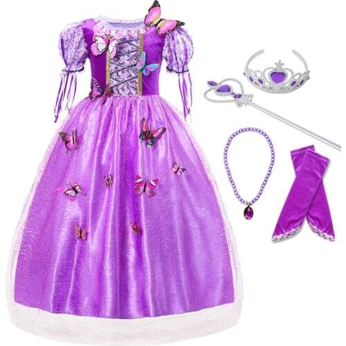 Fancy Girls Princess Rapunzl Dress Party Costume Kids Crystal Butterfly Ball Gown Children Halloween Birthday Dress Role Play