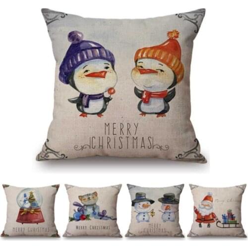 Cute Watercolor Christmas Home Decorative Pillow Case Baby Penguin Snowman Cat Santa Claus Xmas Cushion Cover For Children Room