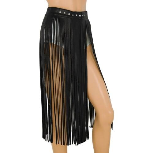 Fashion Women Faux Leather Fringe Tassel Skirt Punk Gothic Style Club Party Stage Performance Festival Rave Pole Dance Costume