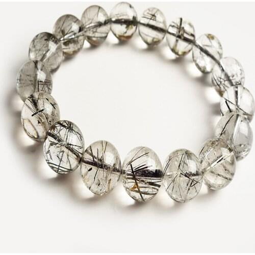 Free Shipping 13mm Brazilian Genuine Natural Black Hair Rutilated Quartz Crystal Round Beads Jewelry Women Man Stretch Bracelet