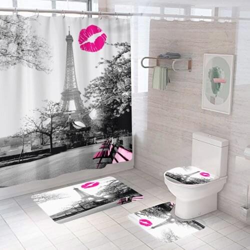 Landscape Eiffel Tower Paris Printed Bathroom Shower Curtain Set Waterproof Anti Slip Pedestal Rug Lid Toilet Cover Bath Mat Set