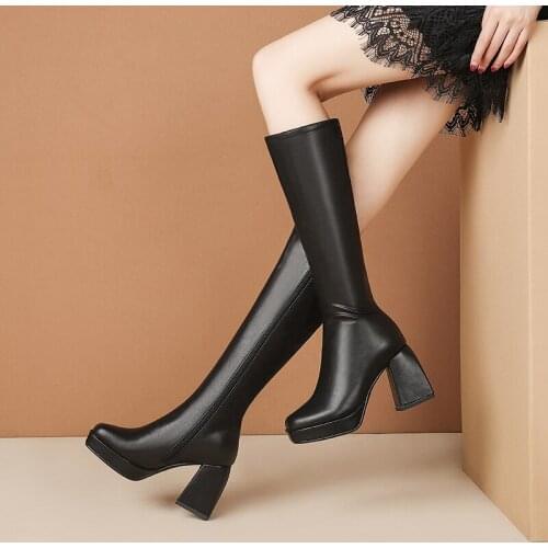2021 Autumn Winter Genune Leather Womens Boots Zipper Round Toe Thick High Heels Pumps Female Party Basic Shoes Woman Heels