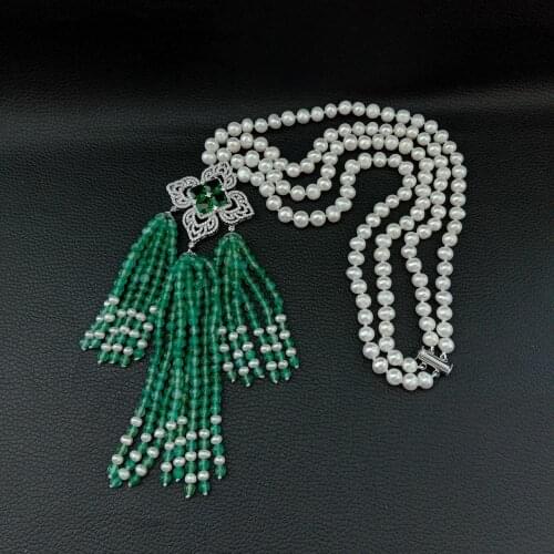 YYGEM Silver plated 4MM Green agate Tassel pendant 20'' 2 Strands White freshwater Pearl Necklace for women