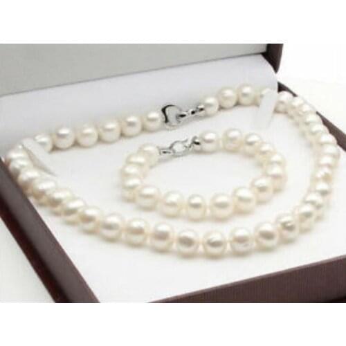 Natural AAA 10-11mm White Pearl Necklace 18" Bracelet 8"