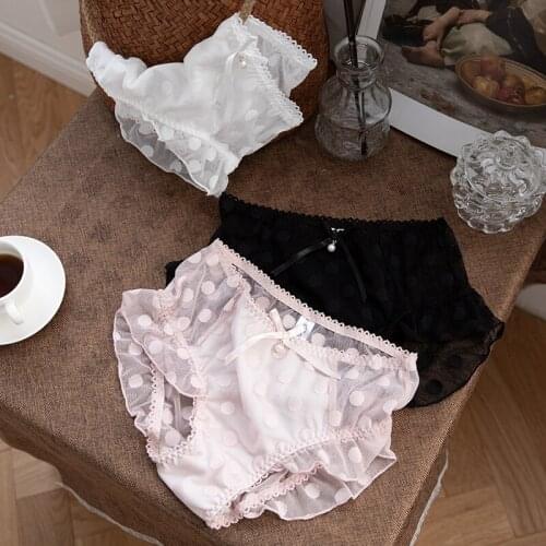 Cute Sexy Women Panties Underwear Transparent Briefs Lace Empire Waist Sweet Girls Intimates Dot Printing Trim