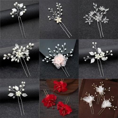 Wedding Hair Pins Decorative Bride Party Pearl Yarn pink red Flowers Handmade Hairpins For Women Hair Jewelry Accessories