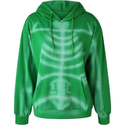Women Skeleton Print Hooded Sweatshirt, Loose Fit Long Sleeve Pullover with Front Pocket Spring Autumn