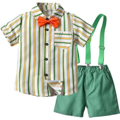 Tem Doger Summer Baby Boys Clothes Suit Gentleman Style Short Sleeve Bowtie Striped Shirt Tops+Overalls 2PCS Set