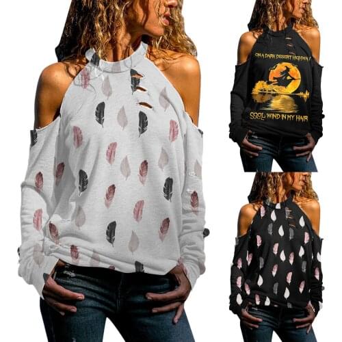 Halloween Women Long Sleeve Off Shoulder Hollow Out Sexy T-shirt Blouse Tops Feathers Print Daily All-match Sexy Girls Shirt Top