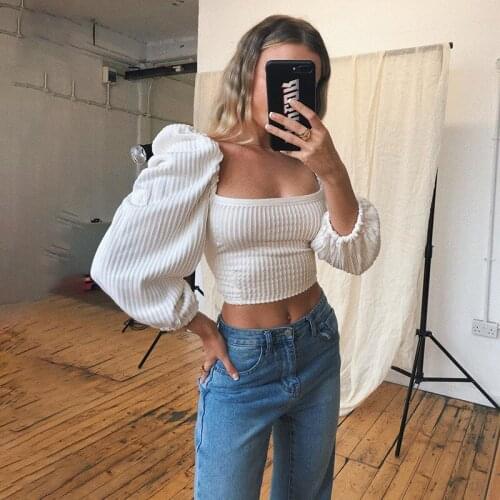 Womens Leisure Square Neck Tops Puff Long Sleeves Ribbed Shirt Lace Up Back Garment For Female Soft Flexible And Comfortable