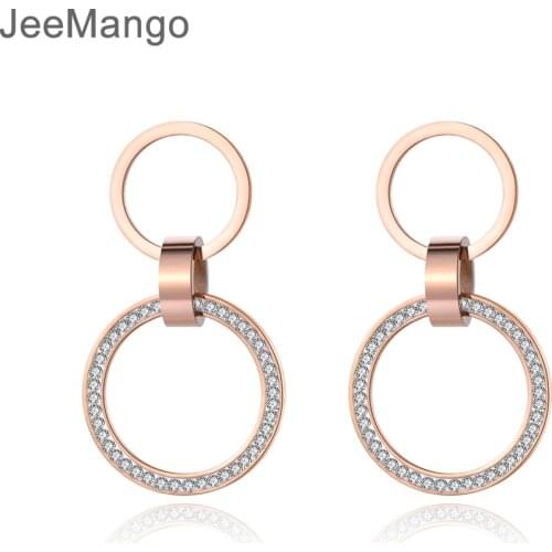 JeeMango Fashion Double Circle Stainless Steel Stud Earrings Rose Gold Handmade Clay White Crystals Ear Jewelry For Women E19010