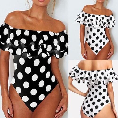 2021 Sexy Female One Shoulder Swimsuit One Piece Ruffled Dot Print Push Up Swimwear Plus Size Women Bathing Suit Monokini S-4XL