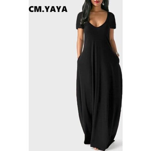 CM.YAYA Women Long Dress Solid Short Sleeve Low V-neck Loose Maxi Dresses with Pockets Casual Fashion Streetwear Summer Outfits