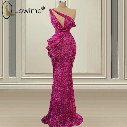 Abendkleider Fuchsia Sparkly One Shoulder Mermaid Evening Dresses 2021 Vestidos De Fiesta Largo Female Robes Prom Gowns