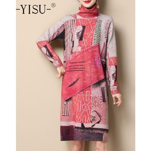 YISU Winter Women Dresses Turtleneck Printing Knitted pullover Dress Long sleeve Warm Loose Dress Fashion Casual Jumper Dresses