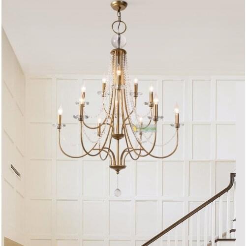 American Vintage staircase Chandelier Lighting retro wrought iron three-story Led lamp living room candle crystal chandelier