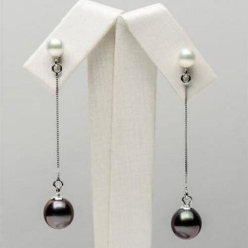 Free shipping >>>>noble jewelry AAA 8.8-9mm Black Green Genuine Tahitian Pearl Long Drop Earrings 14k White Gold
