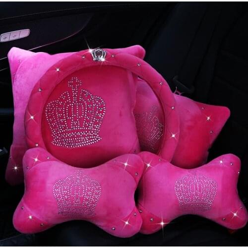 Glitter Plush Steering Wheel Cover Bling Car Accessories Interior Set For Women Girls Crystal Crown Winter