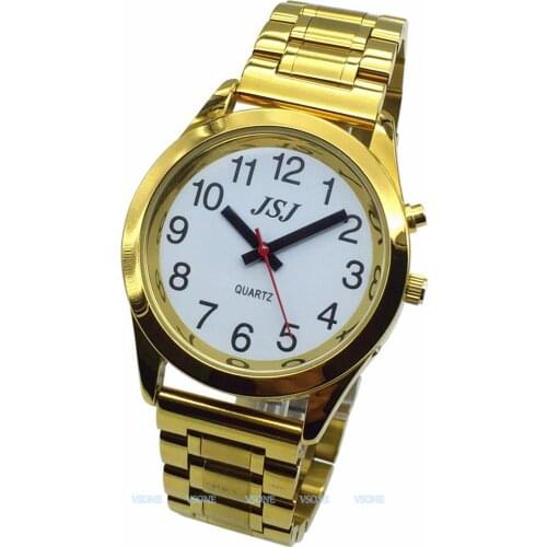 English Talking Watch with Alarm Function, Talking Date and time, White Dial, Folding Clasp, Golden Case TAG-708