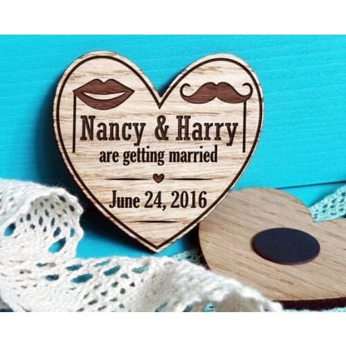Engraved Save-The-Date Magnet-Laser Cut Rustic Save the Date-Heart Save the Dates Magnet-Moustache-Lips