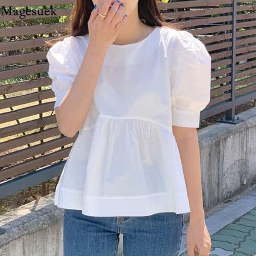 Korean Slim Round Neck Women Tops 2021 Summer Loose Sweet White Shirt Short Puff Sleeve Women Cute Short Womens Blouse 14372