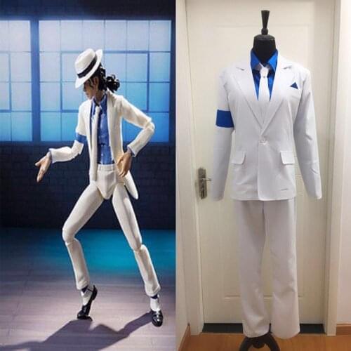 CostumeBuy For Michael Jackson Smooth Criminal MJ White Suit With Hat Cosplay Costume Halloween Carnival Uniforms Custom Made