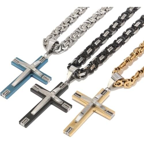 Mens Boys Chain Cross Christ Jesus Stainless Steel Double Layer Pendant with 24" flat Byzantine chain Necklace 8.5mm width
