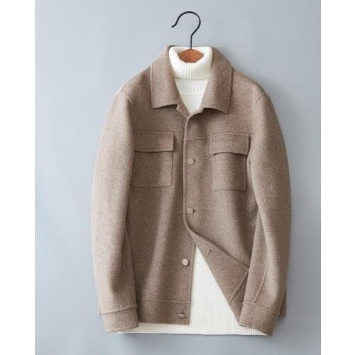 Men Very Good Quality Wool Double-sided Woolen Material Mens Baseball Jacket Solid Outerwear Khaki Coat 1806