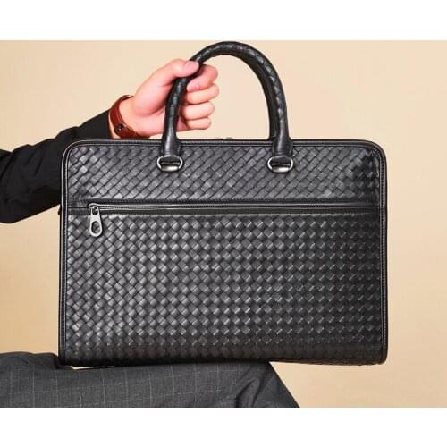 Mens Luxury Brand Business Briefcase Large Capacity Authentic Leather Sheepskin Woven Classic Shoulder Handbag 15-Inch Notebook